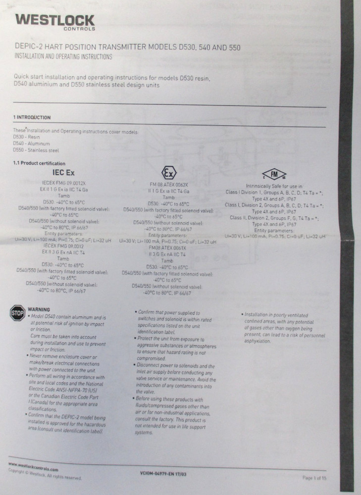 WESTLOCK, D-550-EPIC-2 HART, DIGITAL POSITION TRANSMITTER, w/ INSTRUCT , SURPLUS