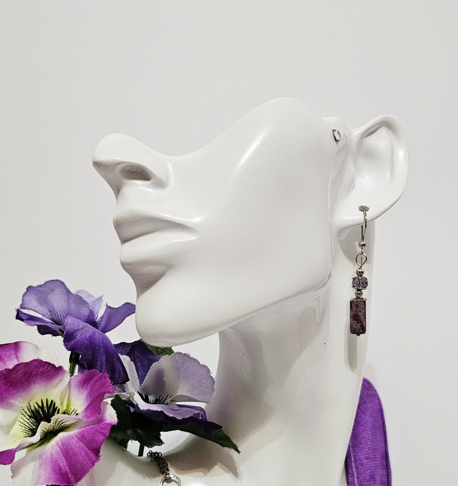 Purple Lepidolite Gemstone Beaded Handmade Silver Dangle Boho Earrings
