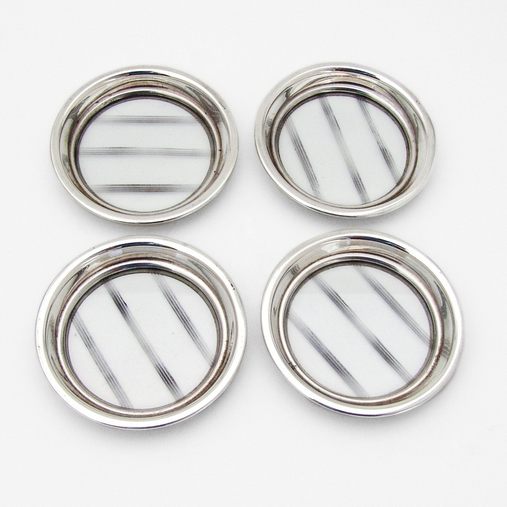 Cut Glass 4 Coasters Set Sterling Silver Borders