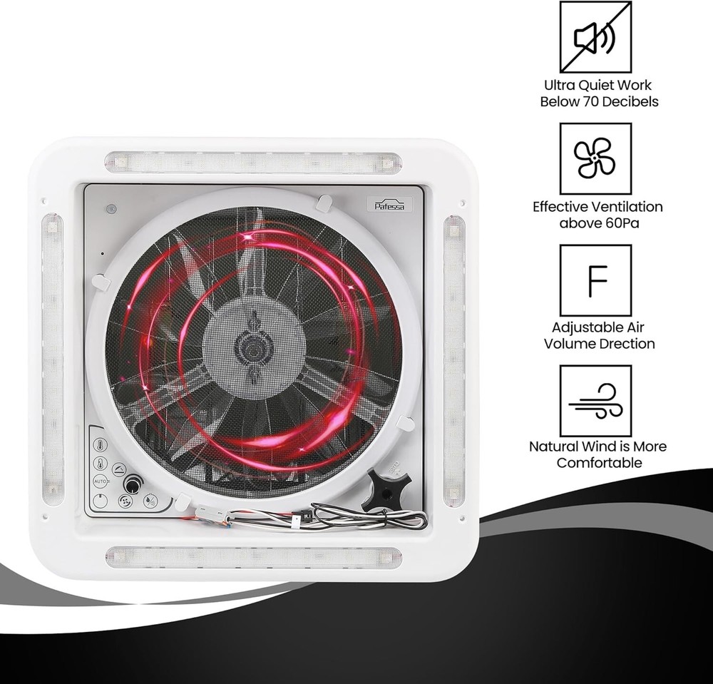 Pafessa USA 14" RV Roof Vent Fan with Rain & Temp Systems & LED Light, wRemote