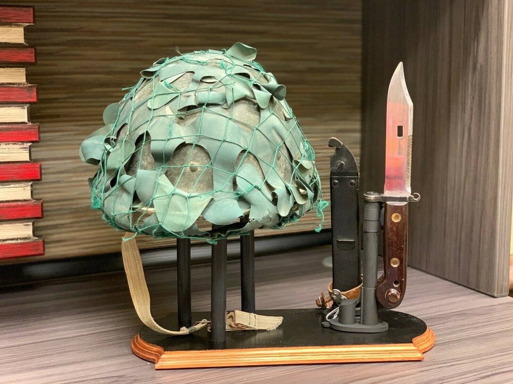 Combination Helmet/Bayonet Display Stand. Customized with Scabbards/Nameplates