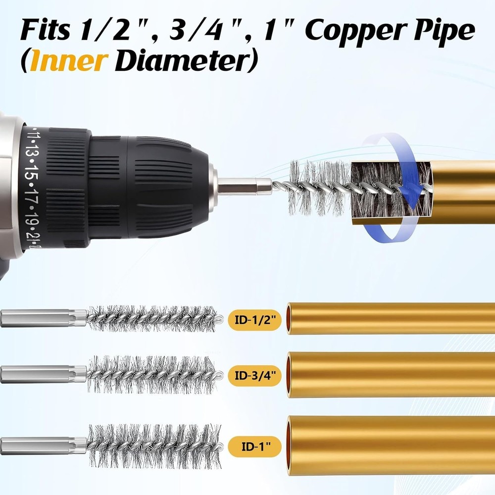 1/2", 3/4", 1" Copper Pipe Cleaner for Drill Set Includes External Stainless Ste
