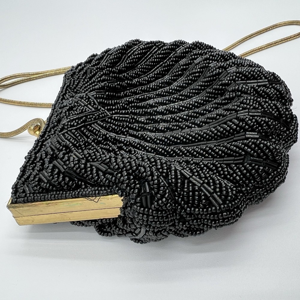 Clam Shell Black Beaded Vintage Clutch with Chain Strap