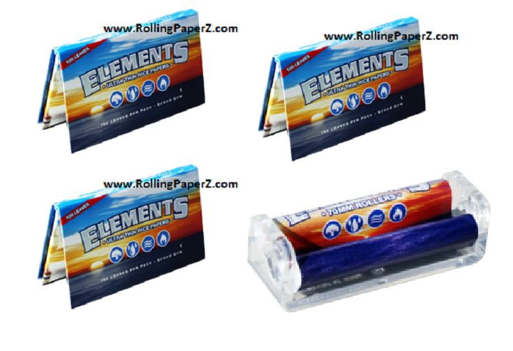 3X PACKS SINGLE WIDE ELEMENTS Ultra Thin Rice Rolling Papers + FREE 70mm ROLLER