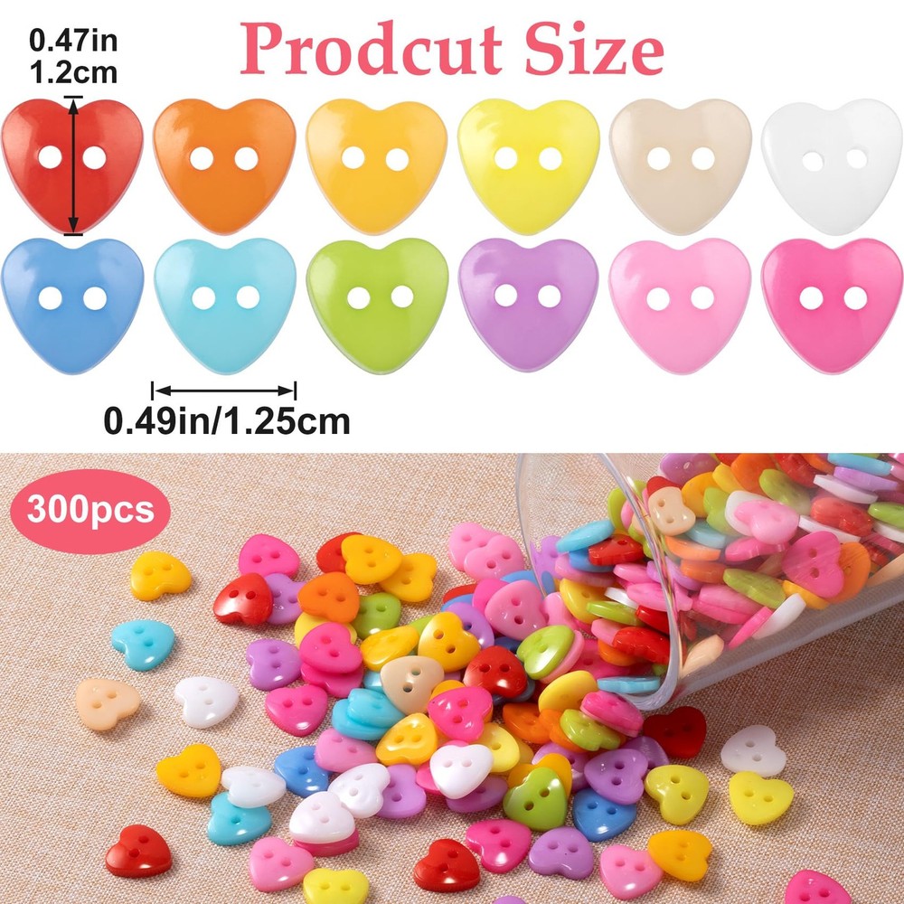 300pcs Heart Buttons, Spring Resin Sewing Buttons, Decorative Plastic Accesso...