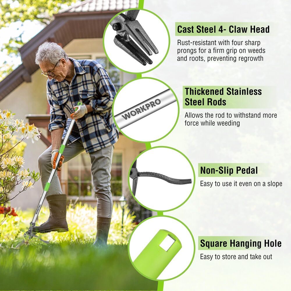 WORKPRO Weed Puller Tool Long Adjustable Handle Stand Up Heavy Duty Weed Remover