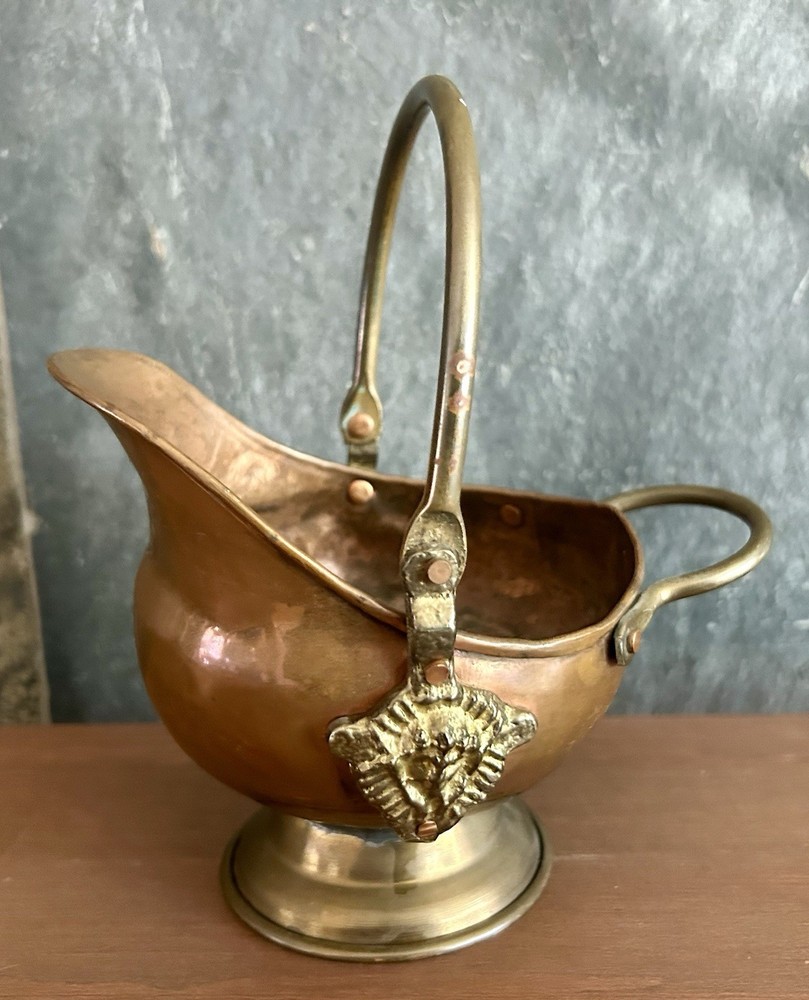 Copper & Brass Mini Coal Ash Scuttle 5" Match Holder Swing Handle Vintage