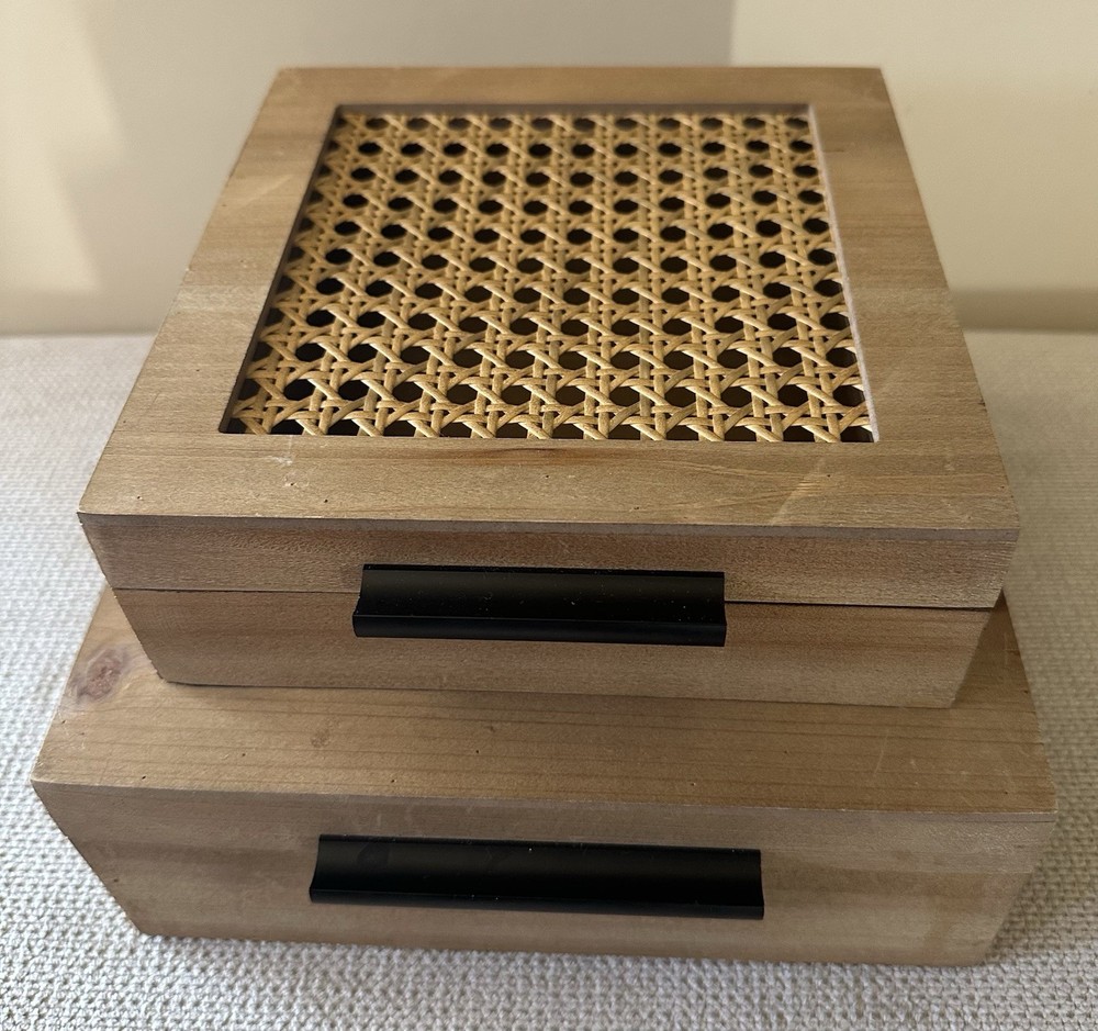 Threshold Wood & Rattan Lidded Stackable Decorative Box Set of 2
