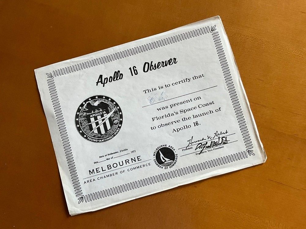 Apollo 16 Observer Launch Certificate