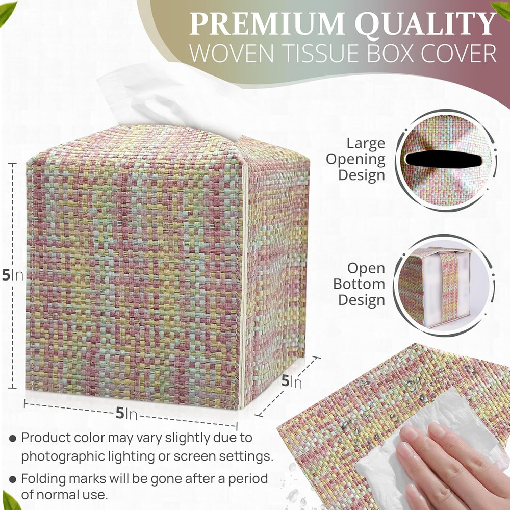 Tissue Box Cover, PU Leather Square Tissue Box Holder with Woven Pattern, Cube T