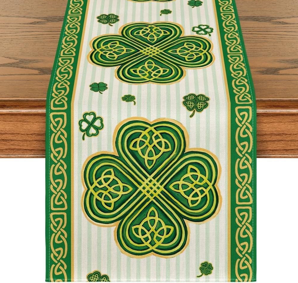 Stripes Shamrocks St. Patrick's Day Table Runner, Seasonal Spring Kitchen Din...