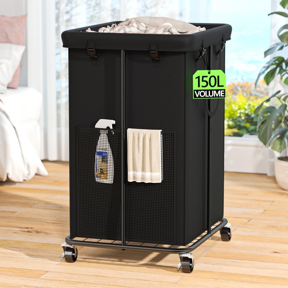 150L Laundry Hamper with Wheels, Rolling Laundry Basket with Metal Frame and ...