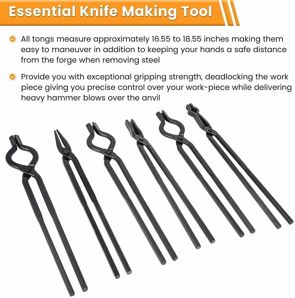6 Pcs Blacksmith Tongs Set Anvil Forge Knife Making Tools Set V Bolt Flat Jaw