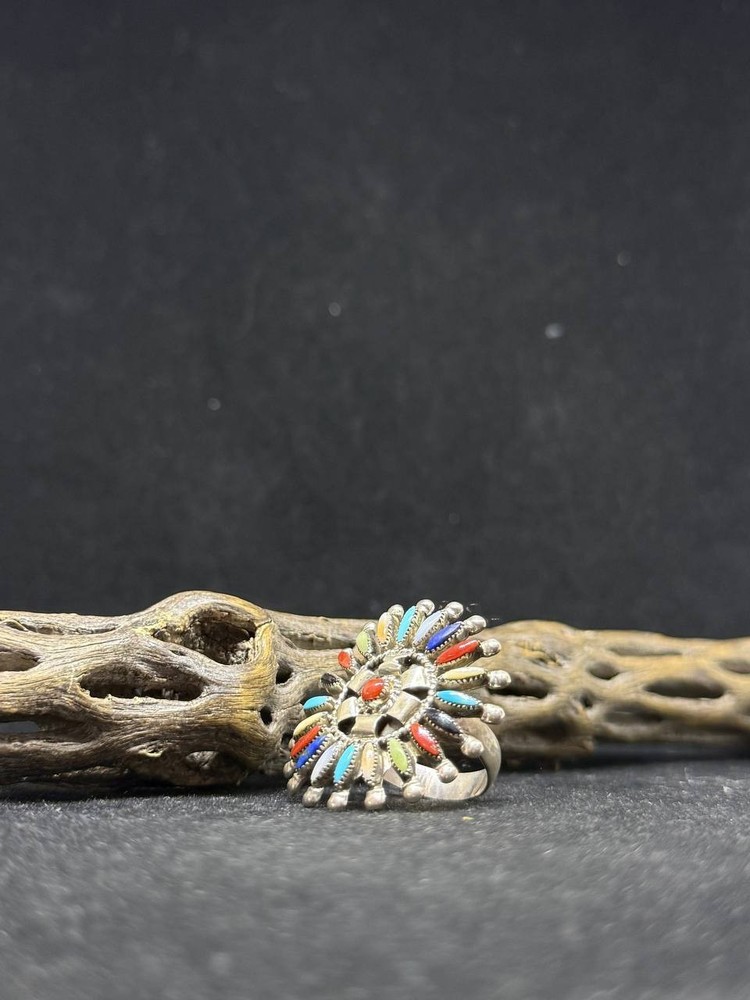 Native Zuni needlepoint multi color turquoise Sterling Silver Ring Size 8.5