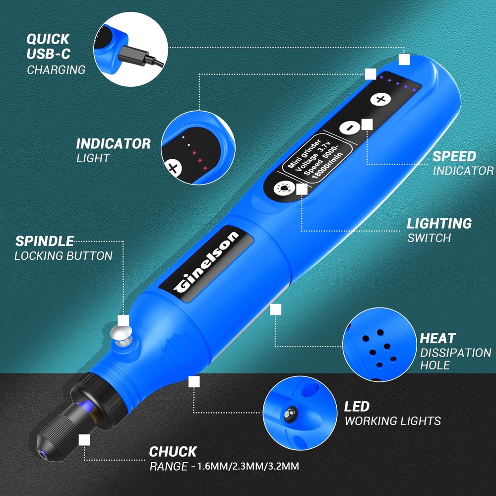 GINELSON Cordless Rotary Tool, 5 Variable Speed Mini Tool Kit Blue