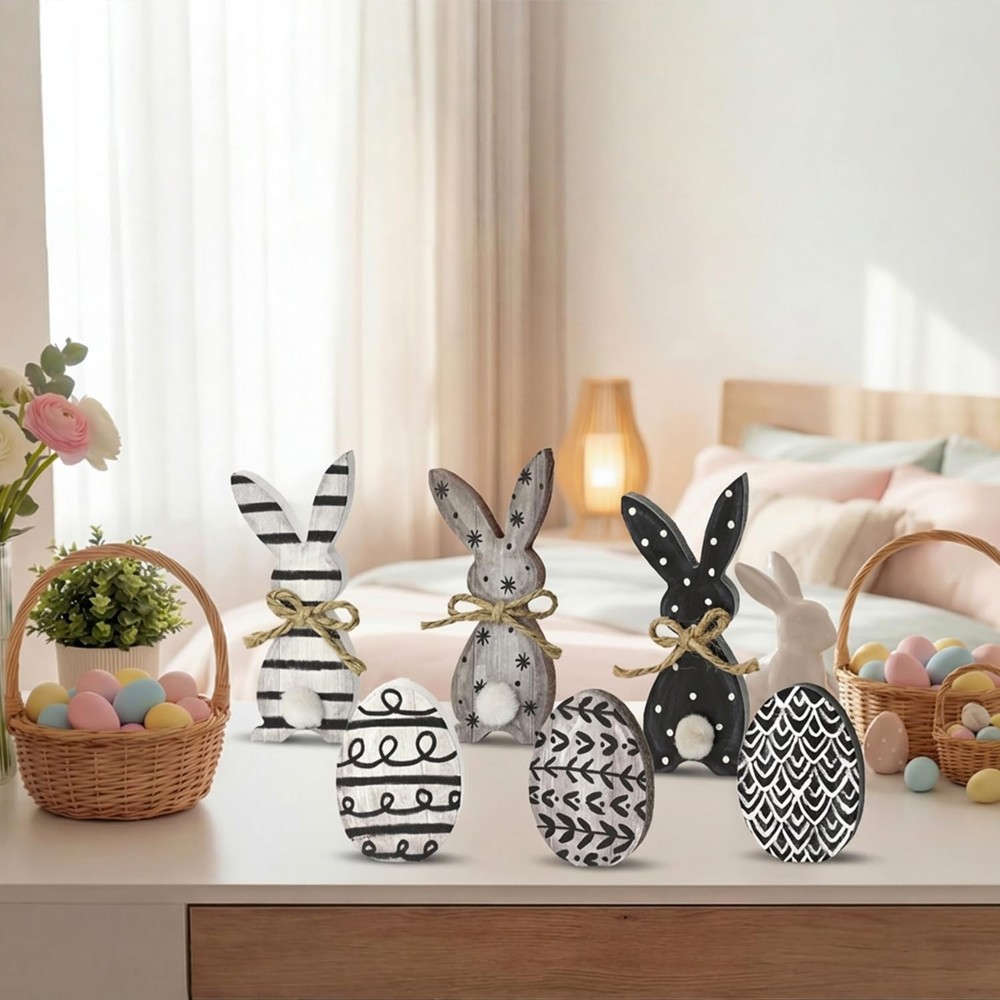 Smile Wooden Easter Block Decor Set - 6-Piece Rustic Bunny & Egg Design Black
