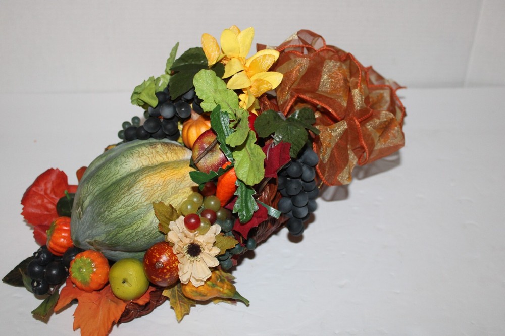Cornucopia in Wicker Basket with Artificial Fall Thanksgiving Flowers