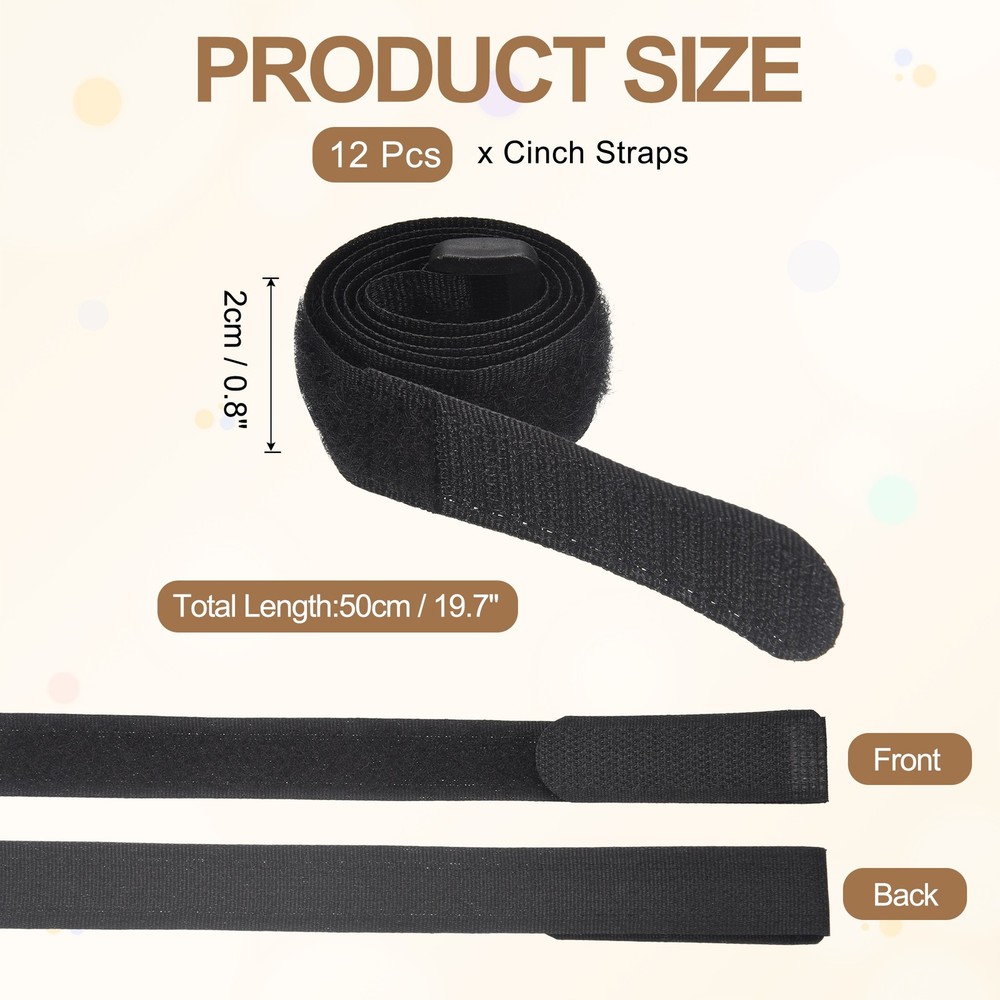12pcs Reusable Cinch Straps 0.8"x19.7" Hook and Loop Cable Securing Strap, Black