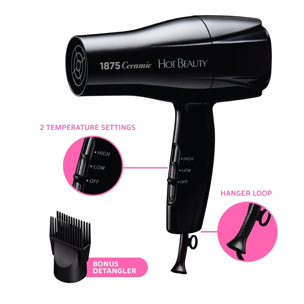 1875 Ceramic Hair Dryer Powerful Fast Drying Multi-Setting with Comb Attachme...