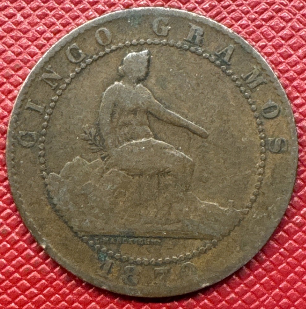 Spain 1870-OM Bronze 5 Centimos. One Year Type. KM# 662
