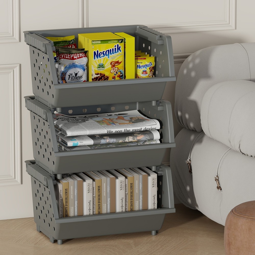 Mayish 4 Packs Plastic Large Stacking Organizer Basket, Gray