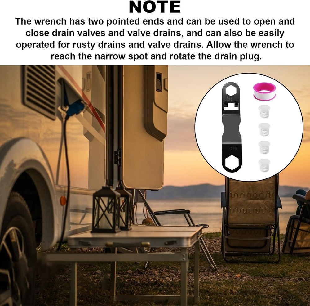 Water Heater Drain Plugs & Angled Wrench for RV Camper Fits 7/8" 15/16" 1/2" NPT