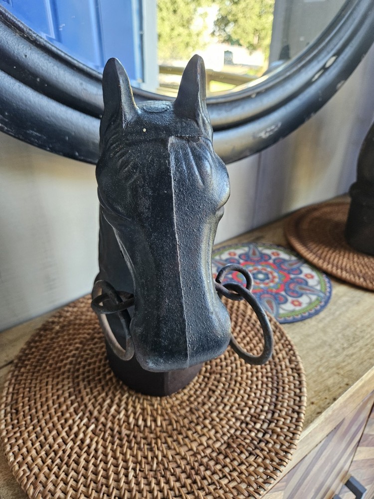 Circa 1900 : Two Double Ring Horse Head Adirons or Hitching Post Toppers