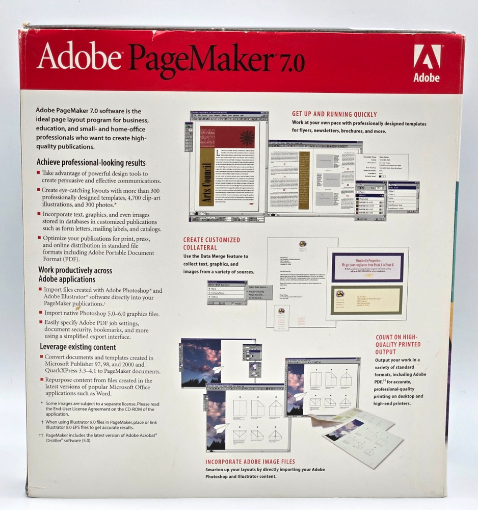 Adobe PageMaker 7.0 Upgrade Windows 2 Disc Set with Key Guide & Box