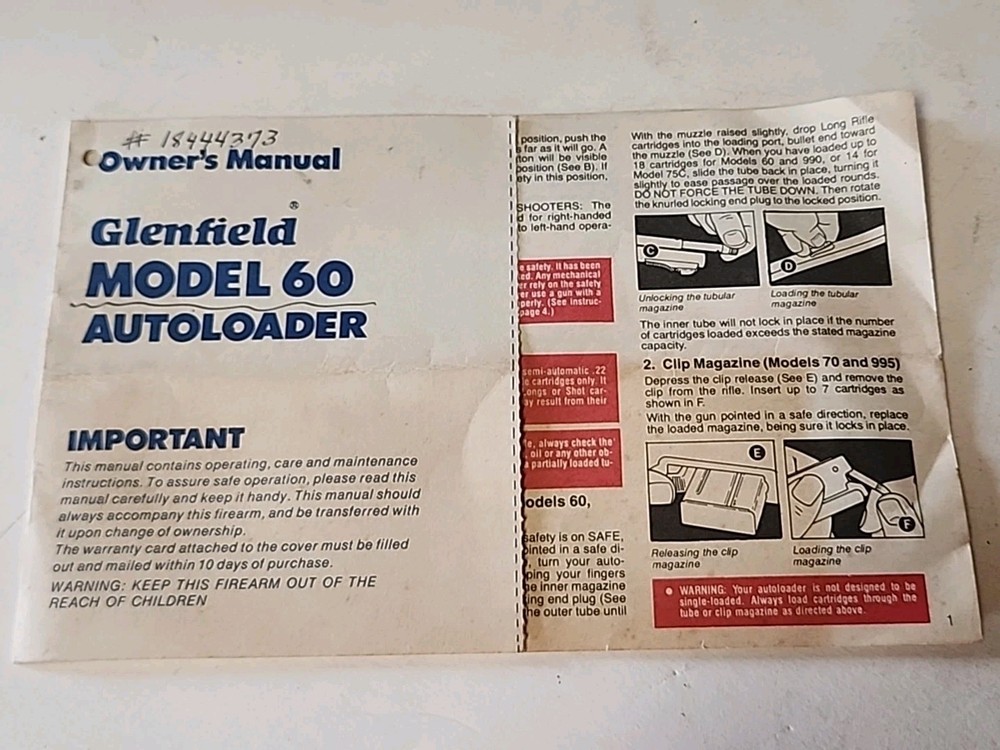 1982 Glenfield Model 60 Autoloader Owners Manual