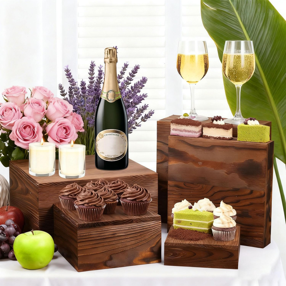 Wooden Risers Display Stands - Rustic Cake & Cupcake Stands, 6 Pack