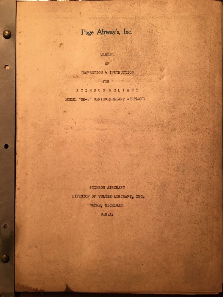 Original Stinson Model SR-9 Reliant Inspection & Instruction Manual