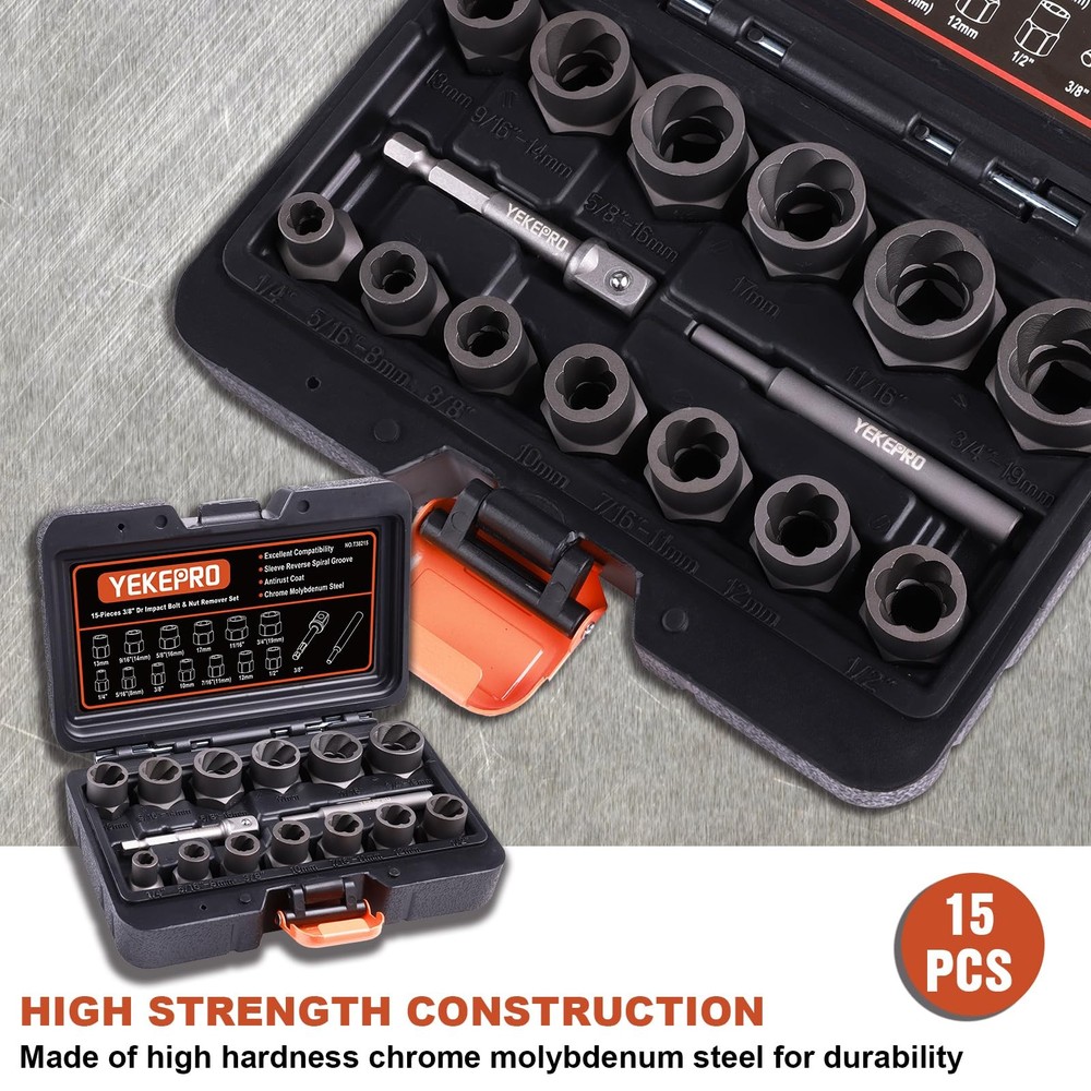 YEKEPRO 15pc Bolt Extractor Set 3/8" Drive Impact Easy Out Socket Remover