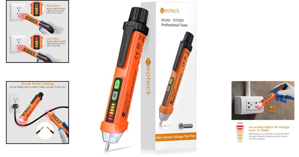 Professional Non-Contact Voltage Tester 12-1000V, Beeper & Flashlight Function