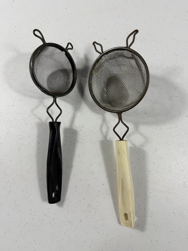Vintage Pair Mini Tea Strainers Bakelite & Celluloid Handles Wire Mesh