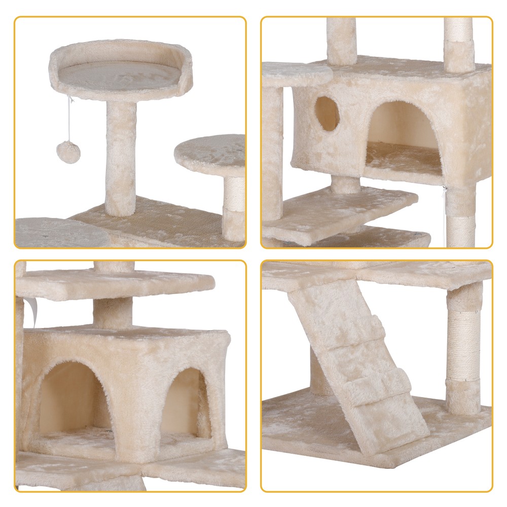 55'' Cat Tree Condo Scratching Post Sturdy Cat Activity Center Light Beige