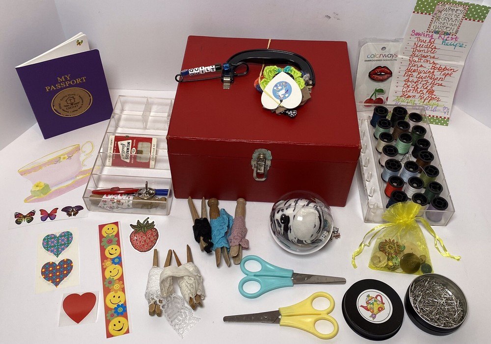 Red Sewing Box Notions Keepsake Kit Pin Cushion 58