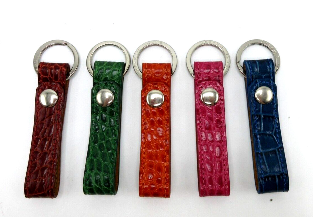 Key Ring on Leather Croc Embossed Strap w Snap Attachment Graphic Image BLUE
