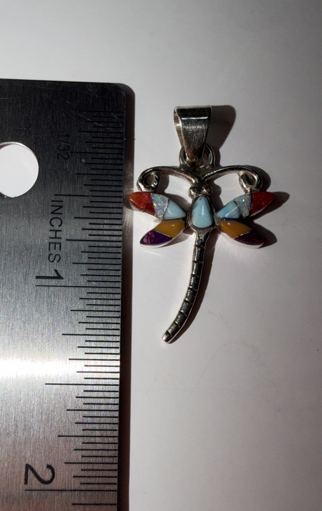 Dragonfly Micro Inlay Multi Gemstone Sterling Silver 925 Pendant Native A
