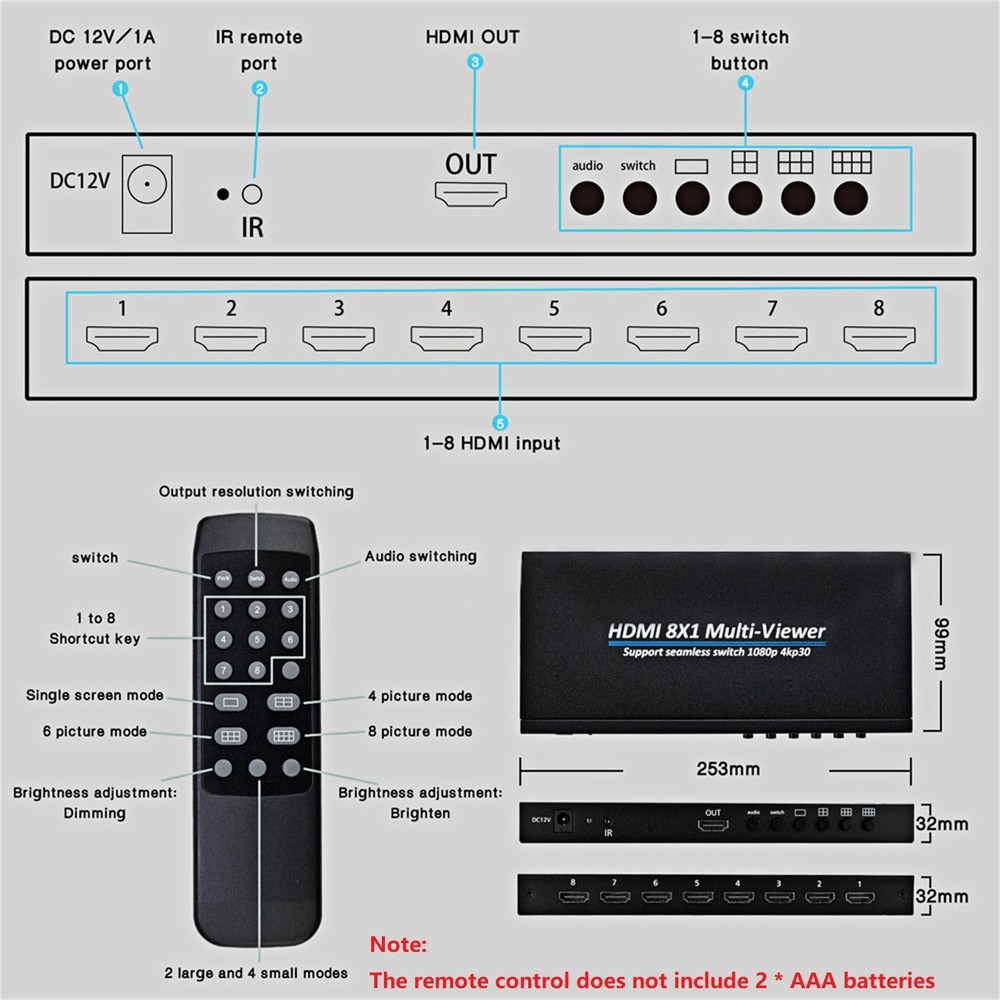 HDMI-Compatible Multiviewer Splitter 4K 8 In 1 Out Screen Multi Viewer Durable