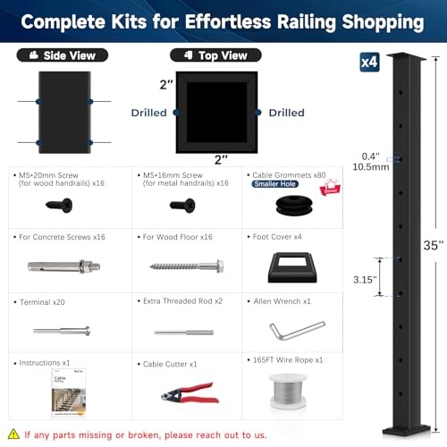 One-Stop Cable Railing Post Kit, 4 Pack Fixed Top 36" 1 Level Posts Kit- 4 Pack