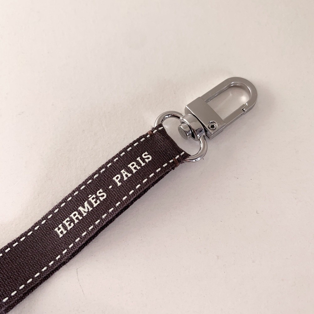 Hermes Ribbon Wristlet Strap Key Holder Silver Hardware