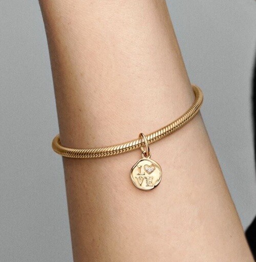 Authentic Pandora Solid 14k Yellow Gold Sparkling Love Stamp Dangle Charm