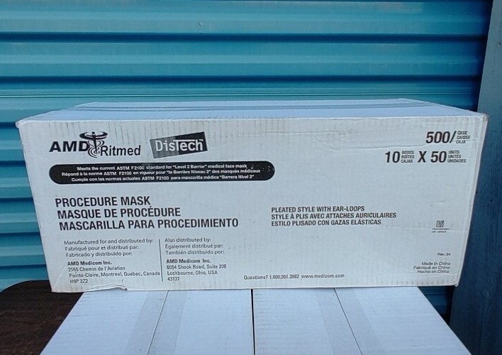 (1) Box 500 Masks AMD Ritmed 2115 Distech Earloop Facemasks ASTM Level 2 Blue
