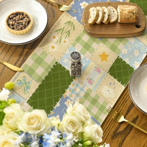 Patchwork Buffalo Plaid Floral 210 GSM Spring 13" x 72", Table Runner Green