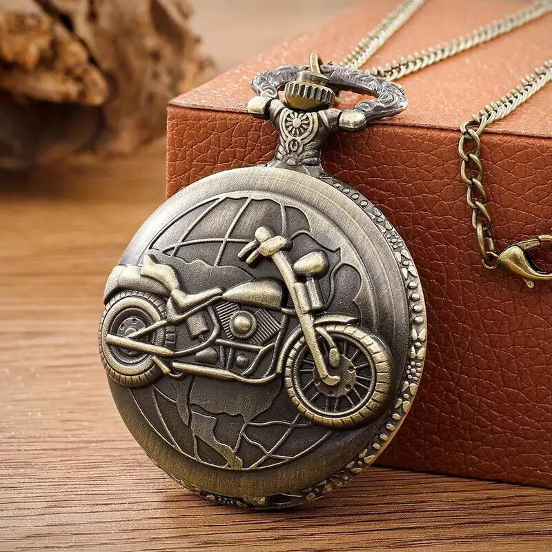 New Analog Quartz Pocket Watch Bronze Motorcycle Pattern Design