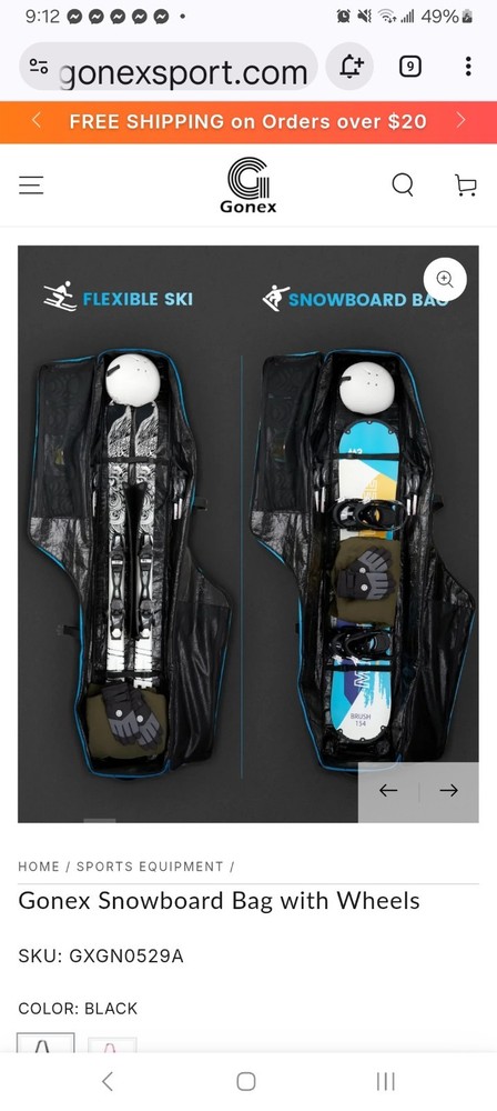 Wheeled Snowboard Bag, Adjustable 175-190cm, Fully Padded, Waterproof