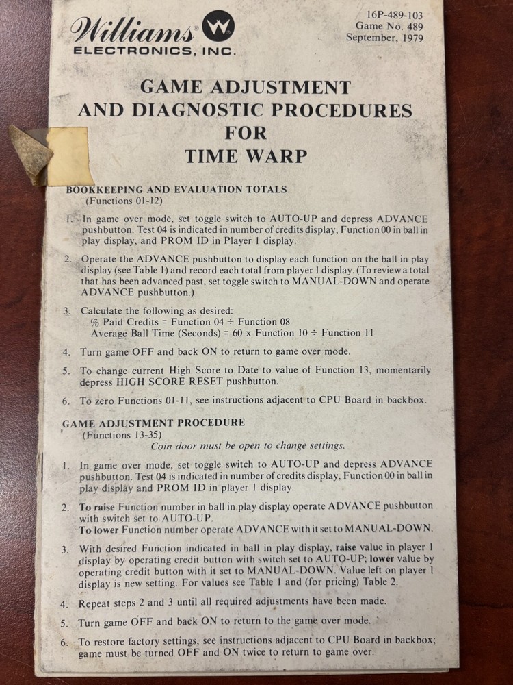 ORIGINAL-WILLIAMS-TIME WARP-INSTALLATION & OPERATIONS-ADJUSTMENTS HANDBOOK