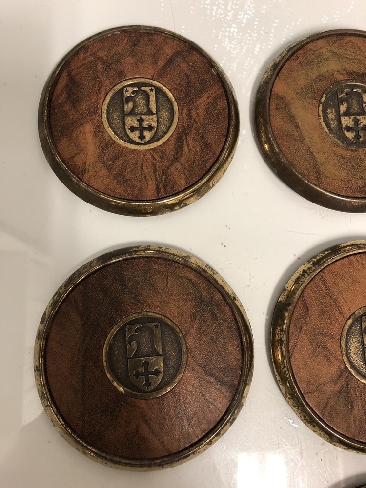 Vintage BTS Solid Brass and Leather 7 pc Coaster Set Eagle Knights logo Mancave