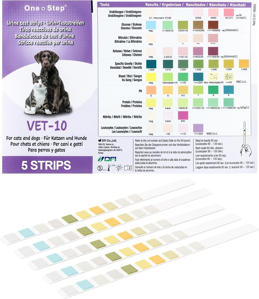 One Step Pet Urine Testing Strips, 5 x Urinalysis 10 Parameter Tests, Re-sealabl