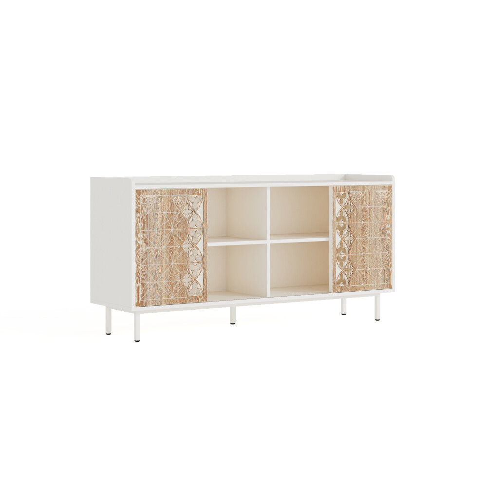 Mid Century Sideboard Rustic White Sliding Door Solid Wood TV Buffet Storage